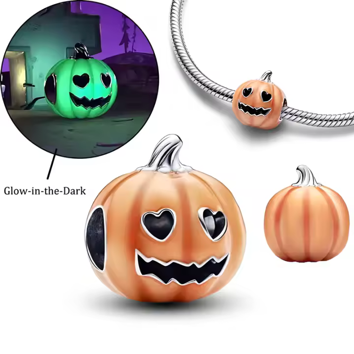 Abalorio de calabaza escalofriante que brilla en la oscuridad, Pulsera Original de Plata de Ley 925 para fabricación de joyas - 1
