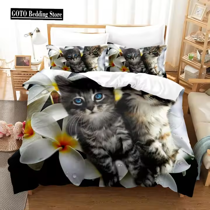 Conjunto de Ropa de Cama 3D con Gato Lindo Duvete, Fundas de Almohada, Cubierta de Cama 150x200cm - 1