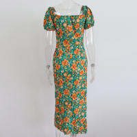 Vestido de mujer, novedad de verano 2025, vacaciones, pausa para el té, cuello cuadrado, falda de longitud media, mangas de burbuja, vestido con abertura Floral francés - details 5