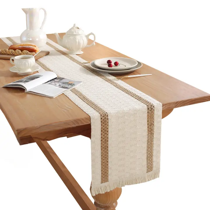 Mantel de Algodón y Lino Tejido con Borlas Estilo Rústico Natural para Comedor o Mesa de Centro - 1