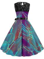 Vestido midi de fiesta elegante de verano con estampado floral, encaje, sin mangas, línea A y cinturón para mujer - details 14