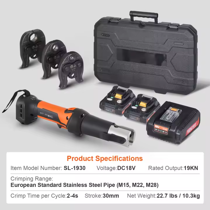 SucceBuy Kit de herramientas de prensa y batería, herramienta de prensado de tuberías eléctricas, 2 baterías de 20 V 2,0 Ah, cargador rápido, estuche de transporte - 1