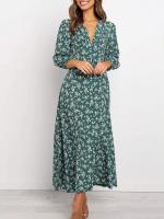 Vestido Elegante Vintage de Mujer Junxi Wan Manga Larga con Estampado Floral en Chifón A-Line Maxi Vestidos de Otoño - details 1