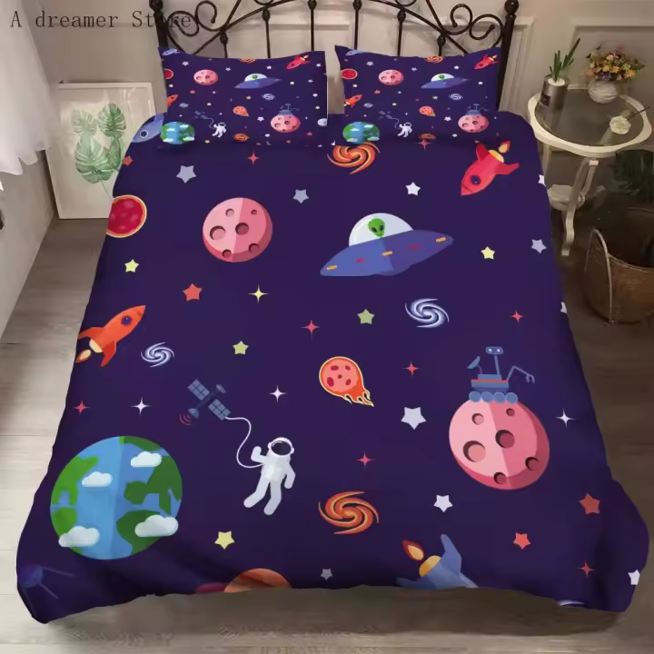 Juego de funda nórdica de dibujos animados para niños, ropa de cama con estampado de astronauta, tamaño King y Queen - 1