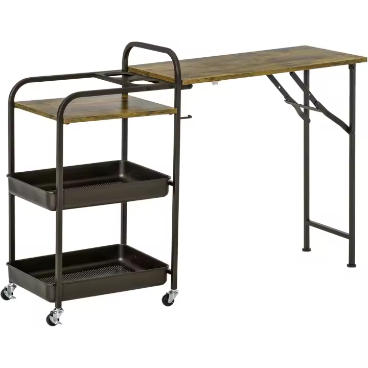 Cocina con Carrito de Ruedas Estantes de 3 Niveles y Portavasos Multiusos Marrón Rústico - 1