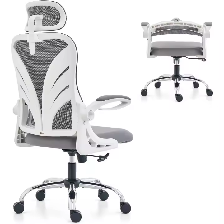 Silla de Oficina Ergonómica con Respaldo Plegable, con Reposabrazos, Reposacabezas 2D y Soporte Lumbar de Malla, Giratoria Ejecutiva para Computadora, Blanco - 1