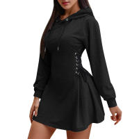 Vestido Mini con Capucha de Cintura Estrecha Cuello en V Longas Mangas - details 2