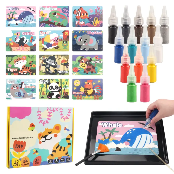 Sand Art Kit DIY Sand Painting Craft 12 Animals Sand Painting Cards 14 Color Montessori Toys Educational Toys For Kids Gifts - 1