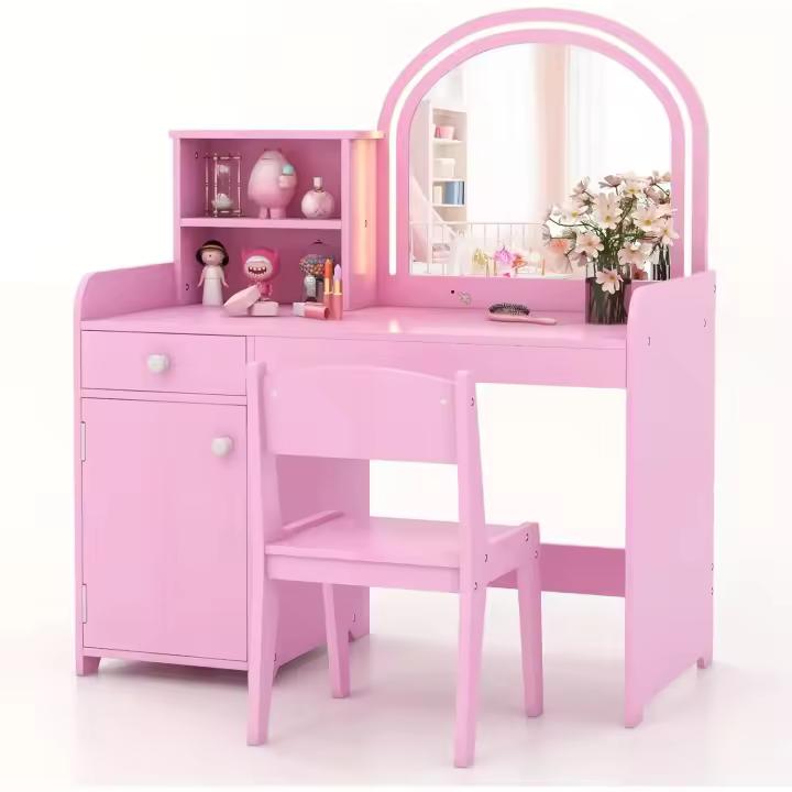 Set de tocador 2 en 1 para niños, tocador infantil con espejo LED y taburete, tocador de madera con cajón y estante, tocador para niñas a partir de 3 años (rosa) - 1