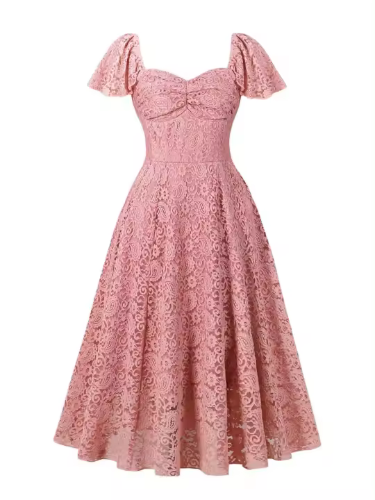Elegante Vestido de Encaje Rosa de Cintura Alta Estilo Vintage para Mujeres en los 50s y 60s - 1