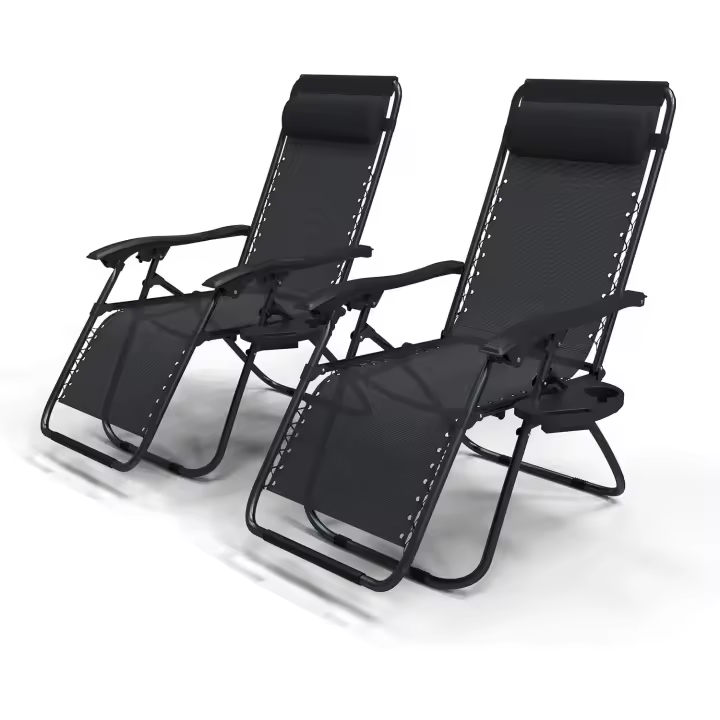 Set de 2 Sillas de Jardín Plegables Silla de Gravedad Cero Reclinable con Soporte para Bebidas y Reposacabezas Extraíble Carga Máxima 120kg Negro - 1