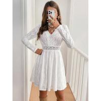 Mini vestido de vacaciones con encaje de color sólido para mujer elegante con vestido de sol festoneado - details 6