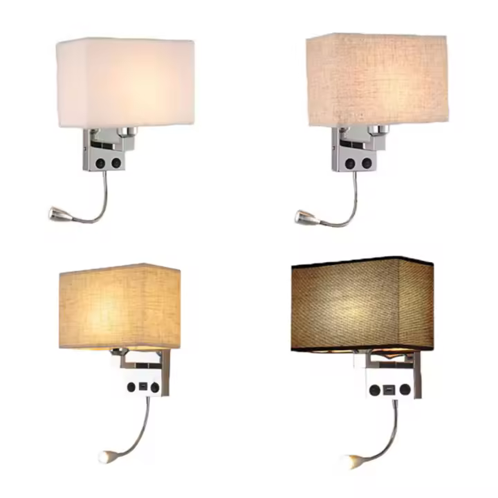 Luz de pared de sombra de tela rectangular con puerto de carga USB, 2 interruptores, iluminación de pared LED E27 con lámpara de lectura ajustable - 1