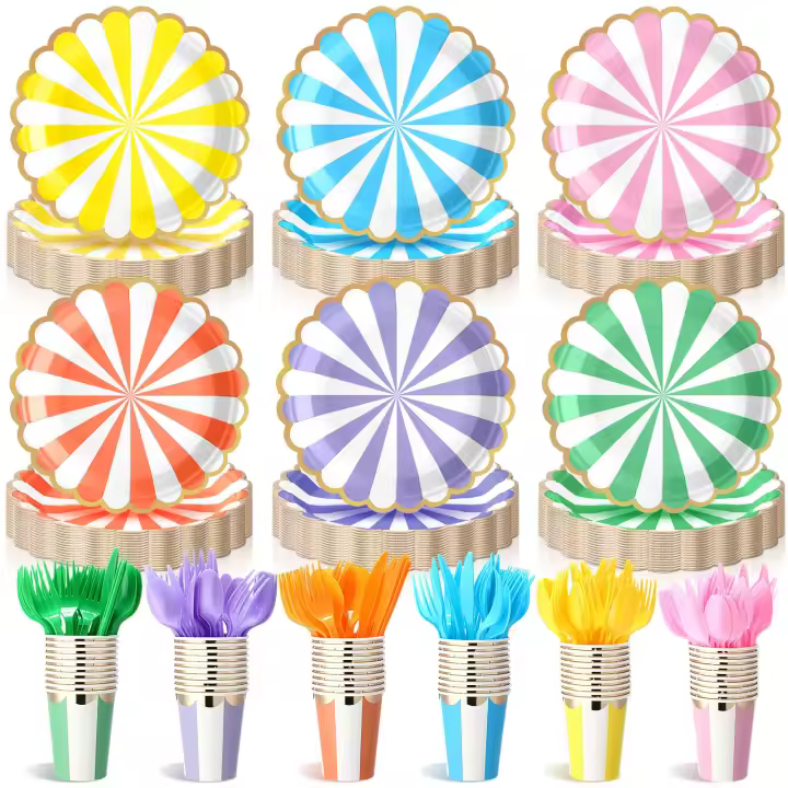 150 Piezas de Vajilla Desechable de Papel con Relieve Dorado Platos de Comedor Coloridos para Baby Shower, Cumpleaños, Boda Conjunto de Vajilla de Arcoíris - 1