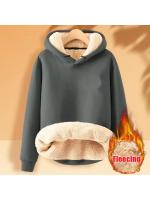 Sudadera De Fleece Para Mujer Abrigada Con Capucha Estampado Sencillo Deportiva Manga Larga Cierre Pullover Suelto Para Otoño E Invierno - details 5