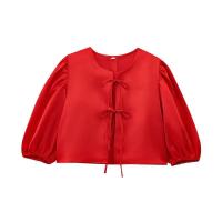 OUWU- Blusas Rojas de Moda con Mangas Abullonadas para Mujer, Blusa Casual con Cuello Redondo y Cordones, Elegantes Tops de Oficina para Mujer Primavera 2025 - details 0