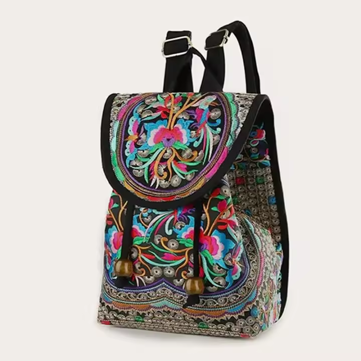 Mochila de lona con diseño bordado hecho a mano Retro para mujer, bolso de hombro de viaje, mochila étnica de gran capacidad - 1