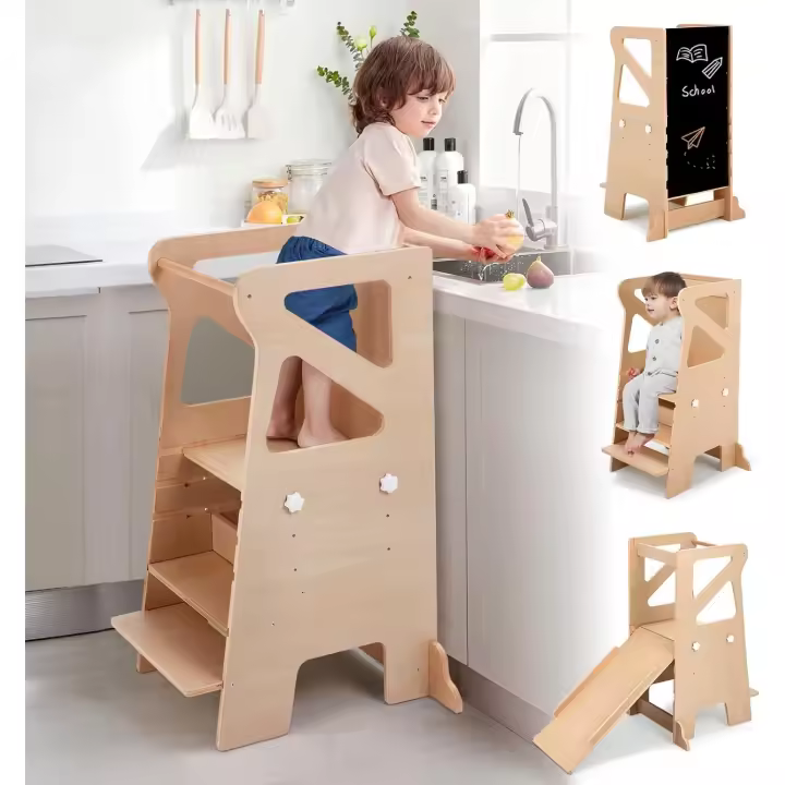 Torre de Aprendizaje para Niños, Montessori con Tobogán, Torre de Aprendizaje 4 en 1 Regulable en Altura con Pizarra, Silla de Aprendizaje Infantil Taburete Multifuncional - 1