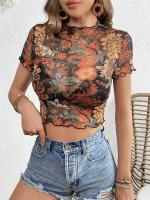 Nueva Camiseta de manga corta con estampado de malla, camiseta de manga corta con borde de oreja de madera para mujer - details 3