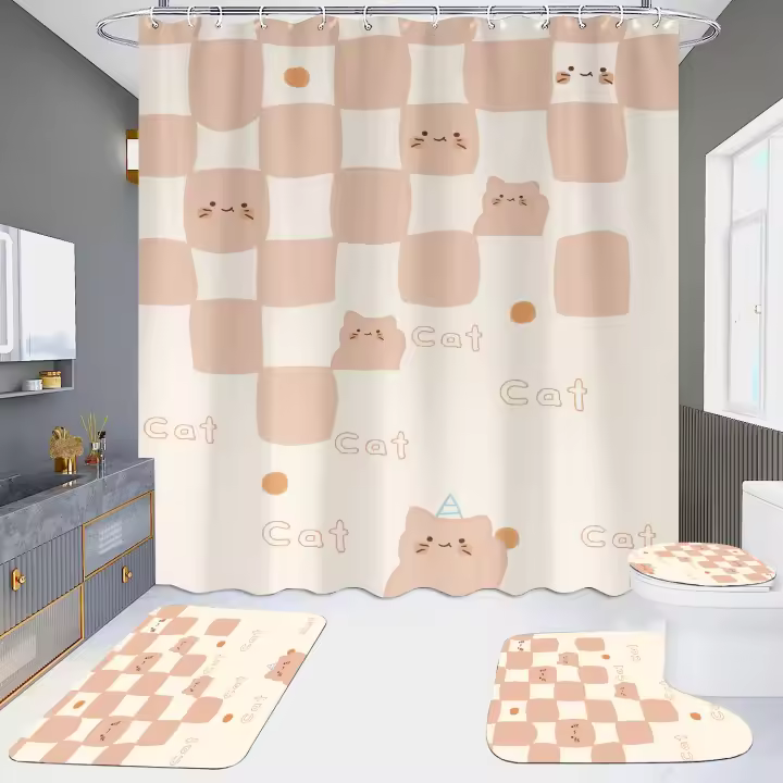 Cortina de Ducha de Gato de Dibujos Animados Best-seller Pieza de Cuatro Piezas Impermeable Sin Perforación para Partición de Baño de Hotel - 1