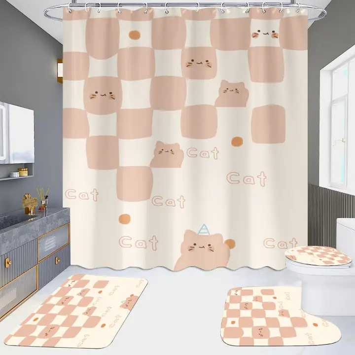 Cortina de Ducha de Gato de Dibujos Animados Best-seller Pieza de Cuatro Piezas Impermeable Sin Perforación para Partición de Baño de Hotel - 1