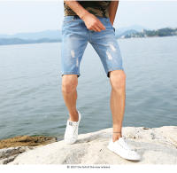 Pantalones cortos de mezclilla perforados lavables personalizados para hombre, pantalones vaqueros rectos azules casuales, recién llegados, Verano - details 2