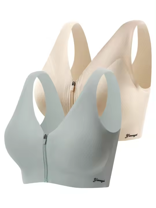 2 piezas Sujetadores Sin Costuras y Cómodos Push-Up para Mujeres - Cierre Frontal con Cremallera, Almohadillas Extraíbles, Mezcla de Nylon y Spandex, Estilo Deportivo, No Transparente - Azul Claro y Beige - 1