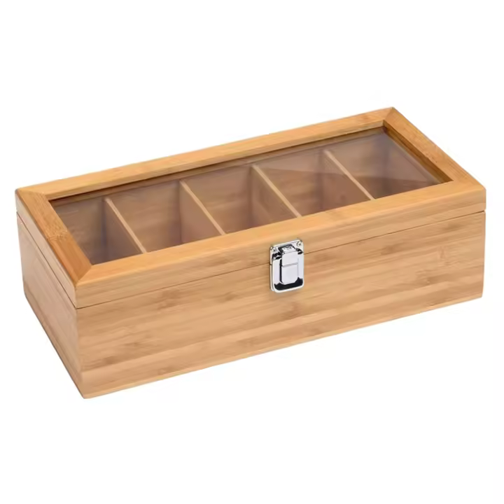 Sistema de bambú multifuncional, bolsa de té, organizador de joyas, caja de almacenamiento, 5 compartimentos, contenedor de azúcar - 1
