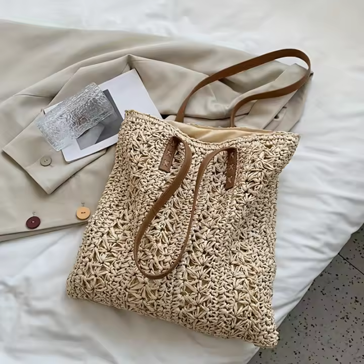 Bolso de Paja Boho Chic Gran Capacidad, Bolso de Playa de Verano con Cierre de Cremallera, Linería de Poliéster, Khaki/Ivory - 1