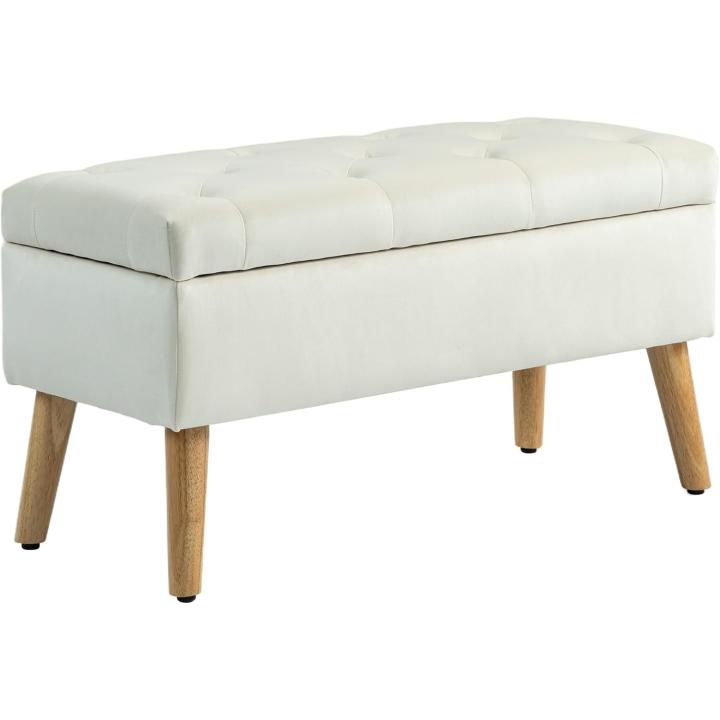 Banco de almacenaje, Caja de almacenaje, con Tapa, Tejido Efecto Terciopelo, Patas de Madera, Capacidad de Carga hasta 120 kg, para salón, Dormitorio, Pasillo, 80 x 35 x 40 cm, Crema