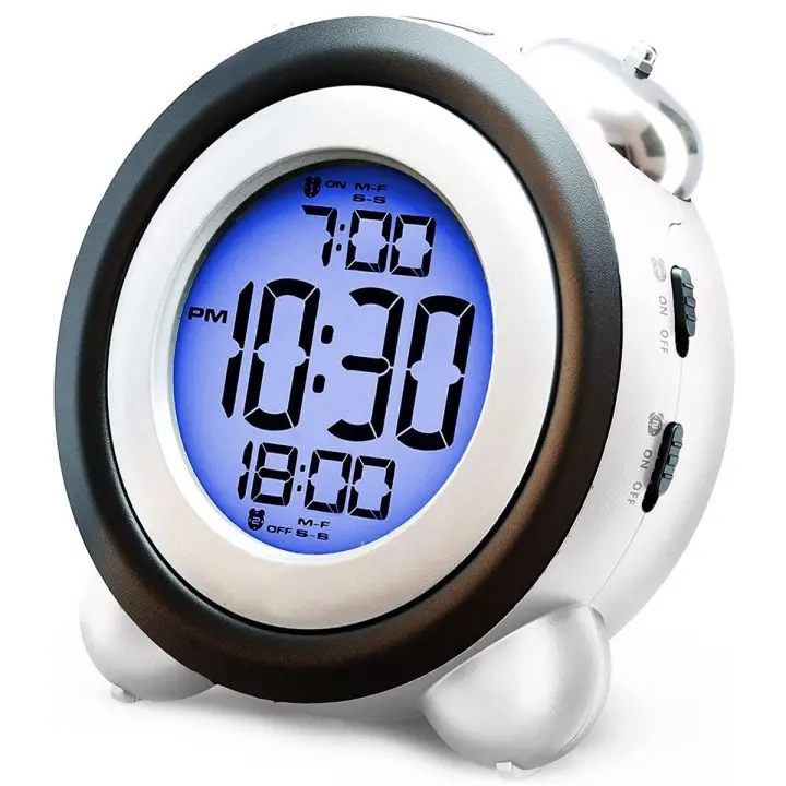 Reloj despertador digital, visualización de hora y fecha, doble campana, muy ruidoso para personas que duermen mucho, alarma dual, retroiluminación azul para adolescentes - 1