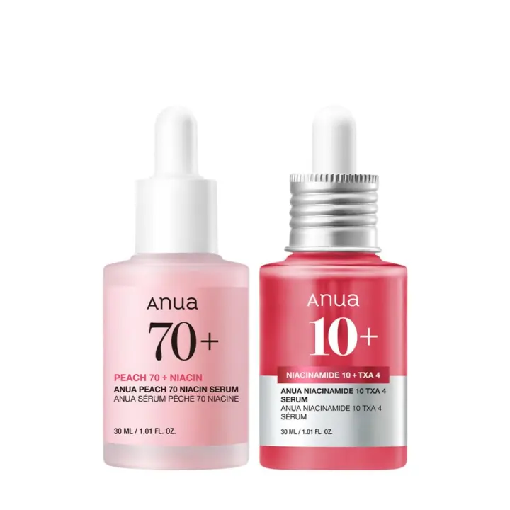 Anua Pink Serum Duo para piel de vidrio coreana: 10% niacinamida + 4% suero de ácido tranexámico y suero de niacinamida Peach 70 para piel opaca, barrera cutánea, sin fragancia, cuidado de la piel coreano - 1