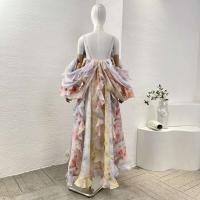 Vestidos largos sin espalda con hombros descubiertos y volantes de manga larga con estampado ral multicolor en stock 2025 Nuevo - details 2