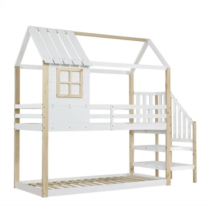 Cama de Almacén Única con Escalera de Esquina Diseño de Techo, Protección de Caídas, Rejilla, Ventana, Pino+MDF, Blanco+Natura, 90x200cm - 1