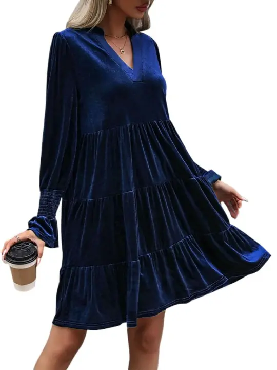 Otoño e Invierno suelto Color sólido con cuello en V vestidos de manga larga para mujer nuevo en elegante Retro Casual Midi vestido femenino - 1