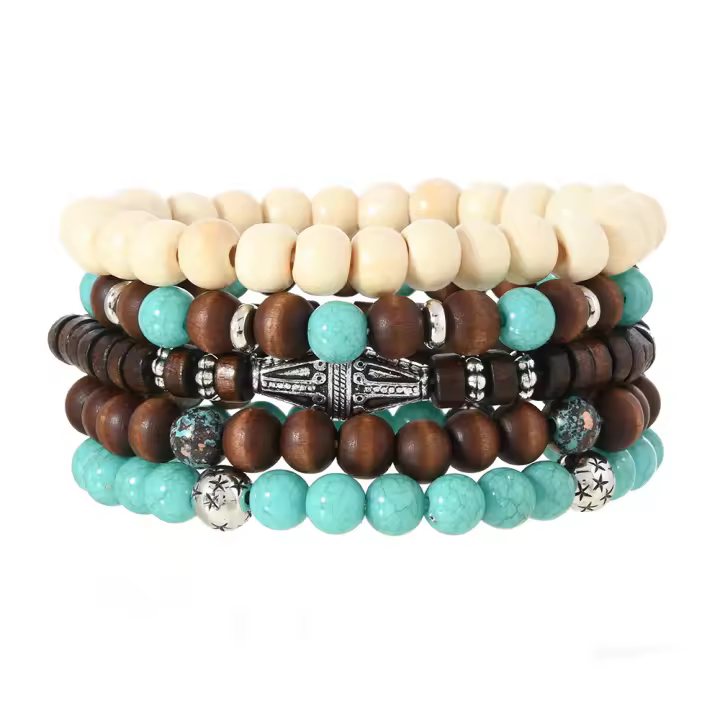 Juego de 5 Pulseras de Madera Vintage con Turquesa, Brazalete Elástico Multinivel para Hombre, Regalos para Hombre, Diseño Minimalista, Material Ecológico - 1