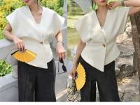 Chaleco Asimétrico para Mujer TRE Estilo Francés, Mangas Caídas, Botones de Cintura, Top sin Mangas Blanco - details 12