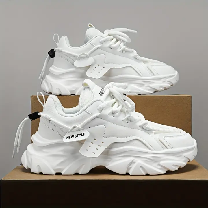 Zapatillas Retro De Suela Gruesa para Hombre - Zapatos Blancos De Moda Informales para Todas Las Estaciones, Suela De Goma Duradera Antideslizante, Cierre con Cordones, Parte Superior De PU, Forro De Tela, Diseño Original, Juvenil, Resistente A Los Olores - 1