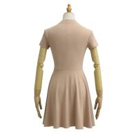 Vestido básico de manga corta de color sólido ajustado de estilo europeo y americano para mujer con cintura y cuello medio alto delgado Empalme de una palabra falda de swing grande - details 3