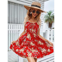 Vestido corto de verano nuevo elegante sin mangas con estampado y correa elástica en la cintura para mujer. - details 11