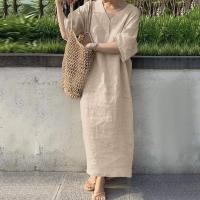 Vestido Maxi de Lino y Algodón para Mujer Cuello en V, Manga Corta, Botón, Moda de Playa de Verano - details 5