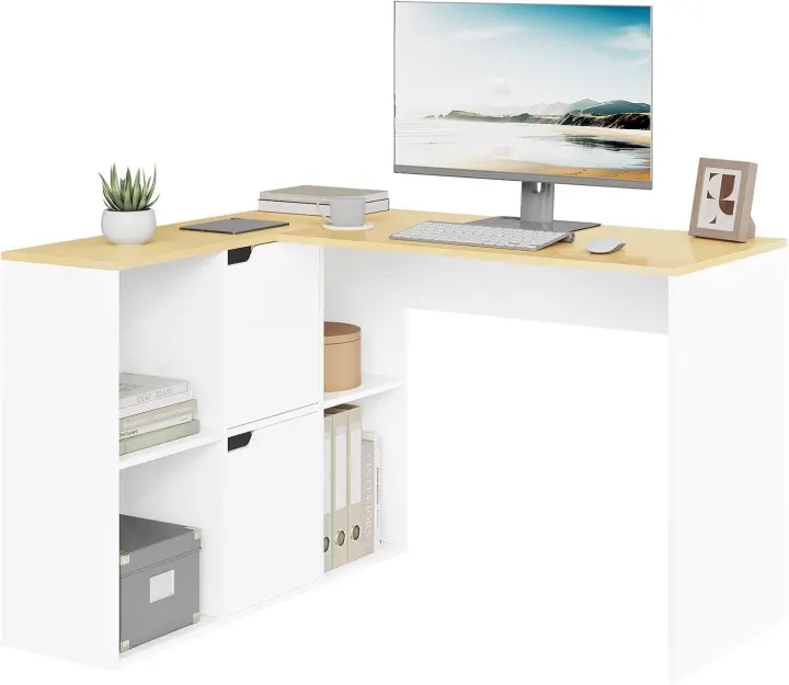 Escritorio Oficina, 100cm, Mesa Escritorio, Escritorio L de Doble Tablero, Escritorio con Estantería de 6 Compartimentos, Mesa PC Ordenador para Estudio Oficina Dormitorio, Blanco - 1