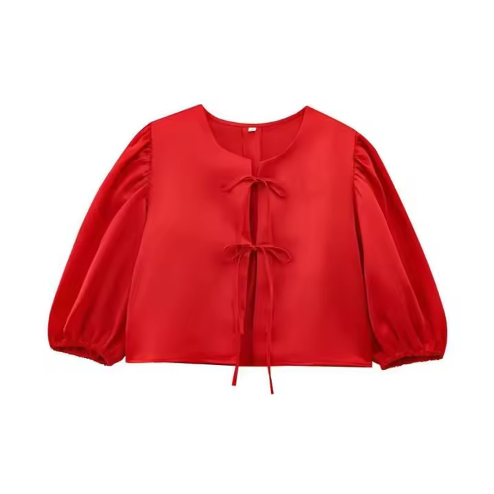 OUWU- Blusas Rojas de Moda con Mangas Abullonadas para Mujer, Blusa Casual con Cuello Redondo y Cordones, Elegantes Tops de Oficina para Mujer Primavera 2025 - 1