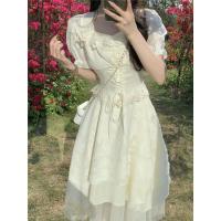 Vestido de manga corta con cuello cuadrado estilo socialité francés para mujer, nueva colección de verano, diseño ceñido y adelgazante en la cintura, - details 7