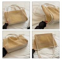 Bolso de Hombro de Paja de Gran Capacidad Textura Tejida Natural Adorno de Bloque de Color - details 5