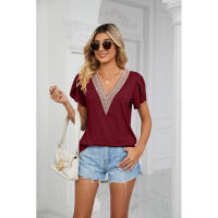 BUNO-2025 Camiseta holgada de manga corta con cuello en V para mujer, Top informal de encaje de Color puro, camiseta holgada cómoda y transpirable para verano - details 31