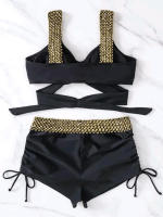 Bikini negro con realce para mujer, traje de baño Sexy de Color sólido, Bikini brasileño, novedad - details 5