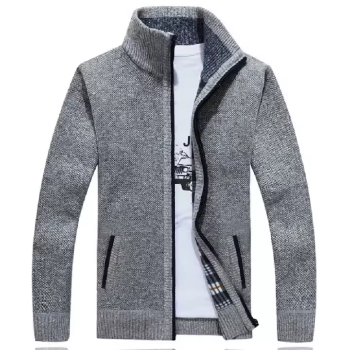Chaqueta abierta de punto para hombre de invierno, forro de lana g slee, ropa casual de color sólido - 1