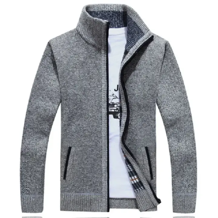 Chaqueta abierta de punto para hombre de invierno, forro de lana g slee, ropa casual de color sólido - 1