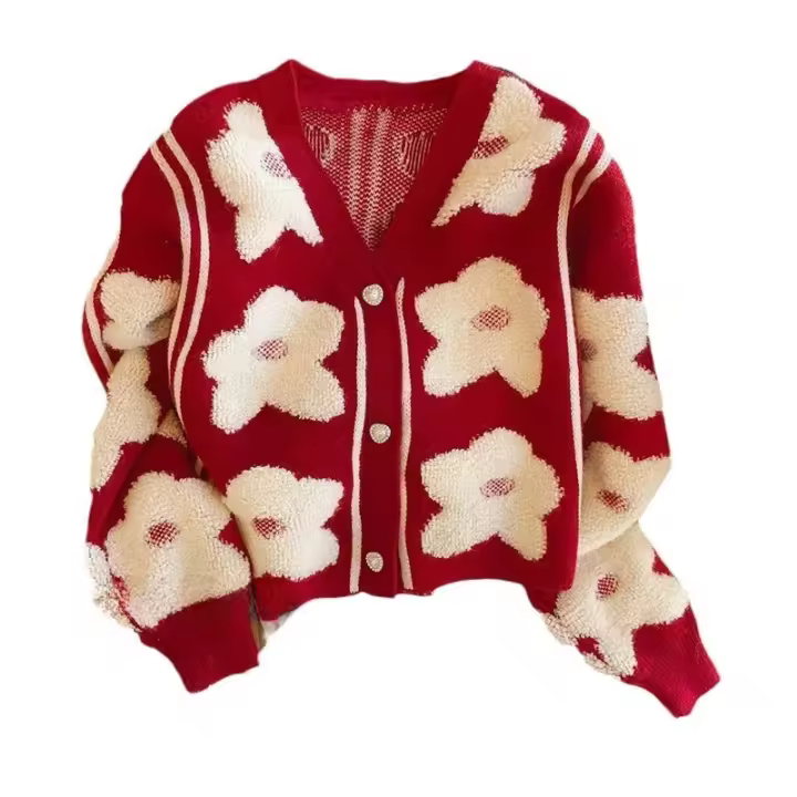 Nuevo suéter rojo de punto para mujer de alta calidad con cuello en V - 1